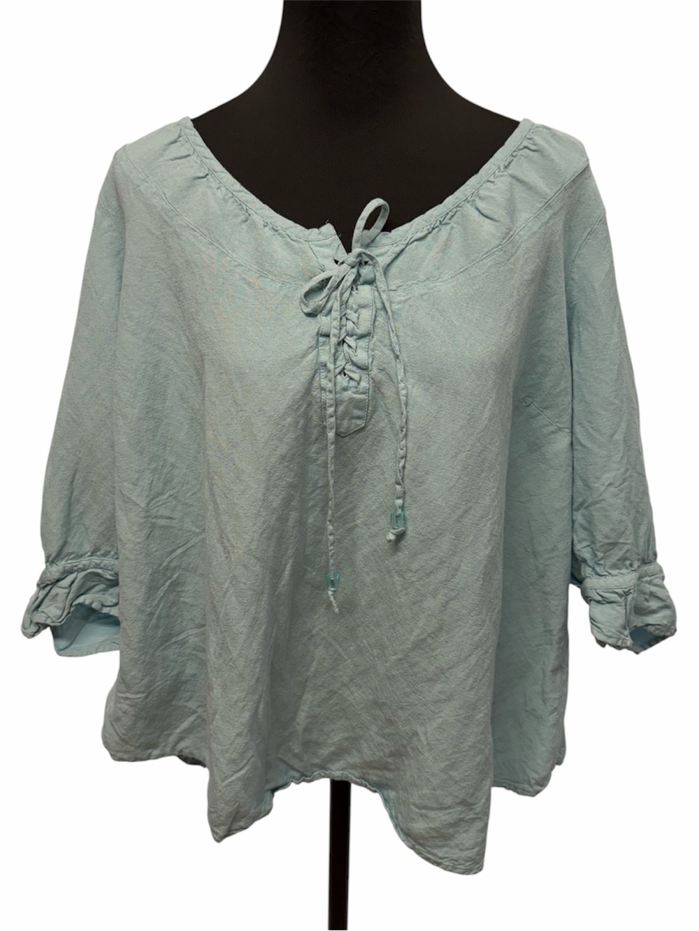 Lane Bryant 26/28 Linen Blend Peasant Top Light Blue Boho Plus